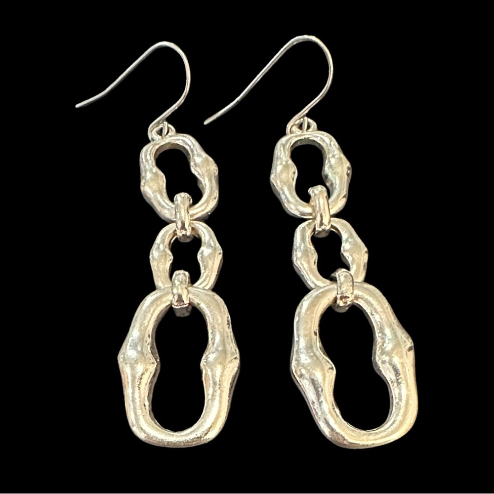 Silver Tone Dangle Earrings With Textured Links & Hooks 2.5 Inch Length